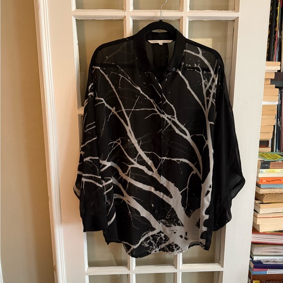RACHEL Rachel Roy Tops - RACHEL Rachel Roy Black Sheer Button-Down Top with White Tree Branch Print